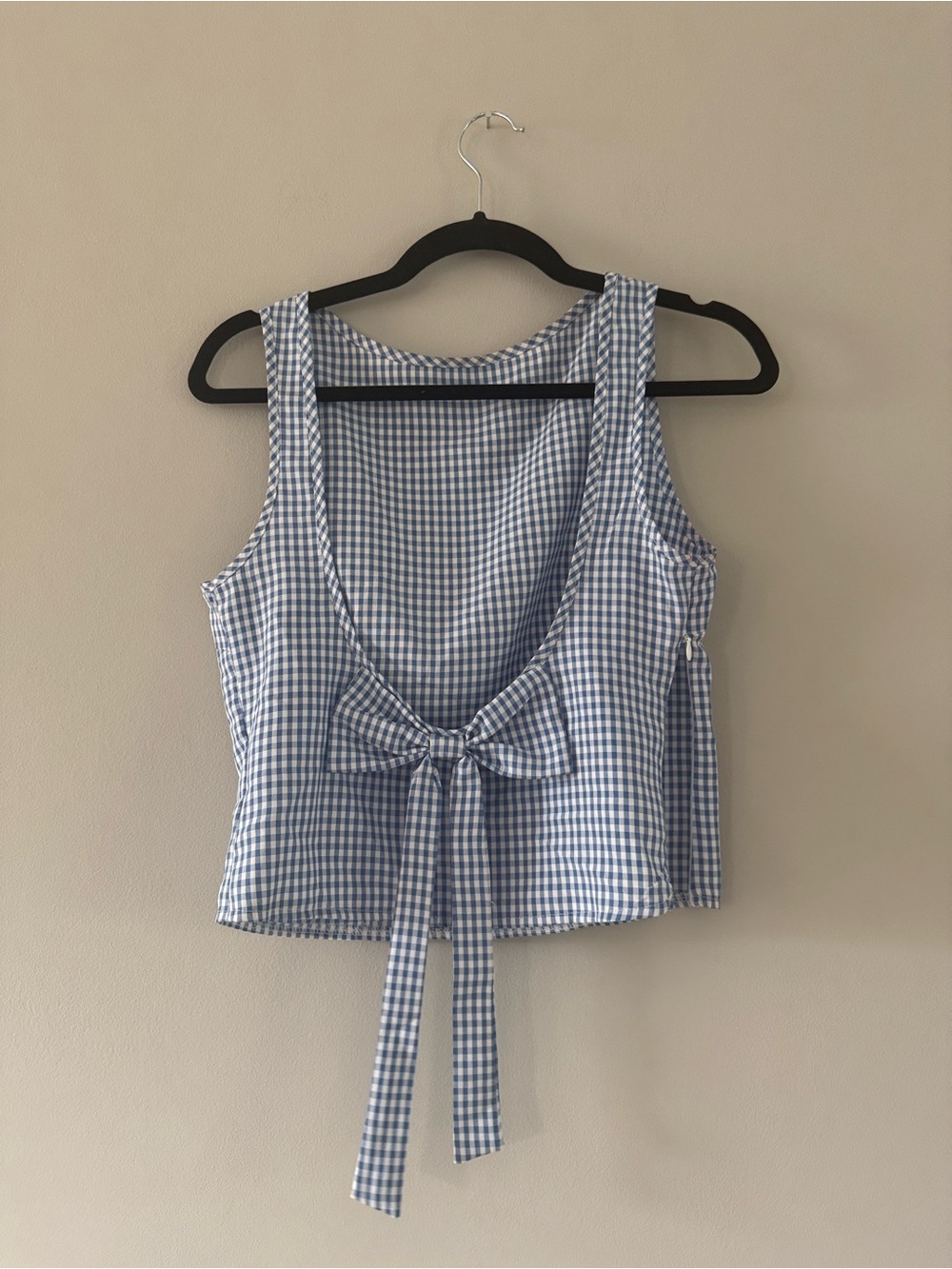 Light Blue and White Gingham Tie-Back Crop Top